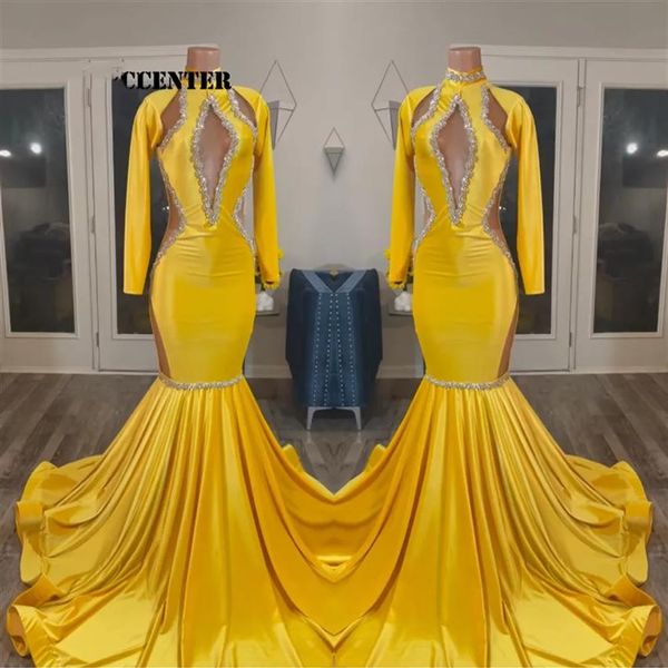 Siyah kızlar için sarı altın balo elbiseleri Afrika parti elbise uzun kolu özel gün akşam elbisesi deniz kızı robe de femme maria228c