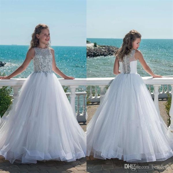 Abiti da spettacolo per ragazze in cristallo con perline sfarzose per adolescenti Abiti da ragazza in fiore da spiaggia con lunghezza al pavimento in tulle per matrimoni Custom Made225a