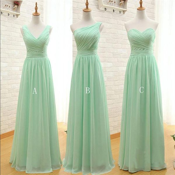 Mintgrünes langes Brautjungfernkleid aus Chiffon 2019, A-Linie, plissiert, Strand-Brautjungfernkleider, Trauzeugin, Hochzeitsgast-Kleider, Vestidos d3334