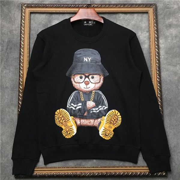 Moletom Masculino Algodão Pulôver Preto E Branco Com Urso De Desenho Animado Em Cap Print Moletom Masculino Moletom DD|41935D537