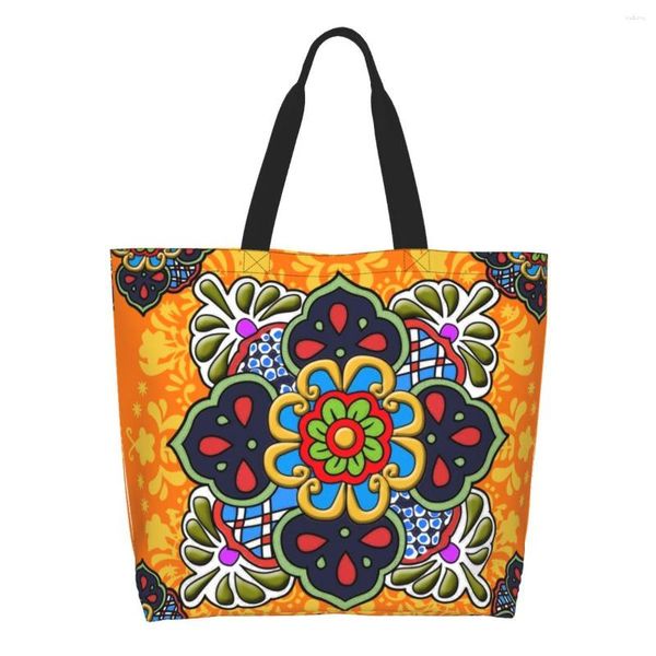 Borse per la spesa Talavera messicana Fiore per piastrelle in ceramica Borsa per la spesa Borsa per donna Borsa a tracolla in tela divertente Borsa a tracolla di grande capacità