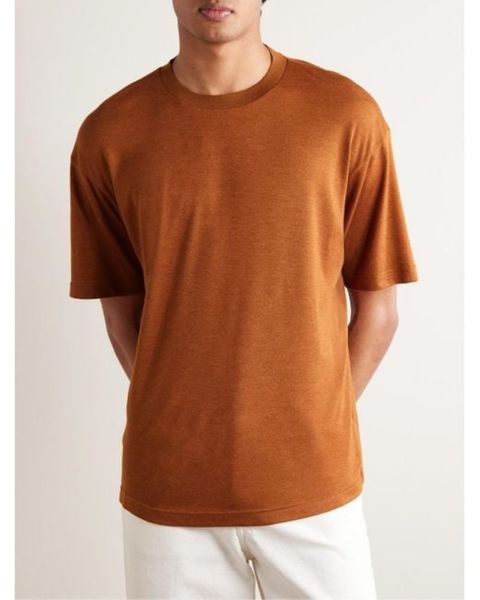 Tasarımcı Erkekler Tişört Loro Piana Erkek Kahverengi Philion Cashmere ve İpek Karışık Jersey T-Shirt Kısa Kollu Üstler Yaz Tshirt