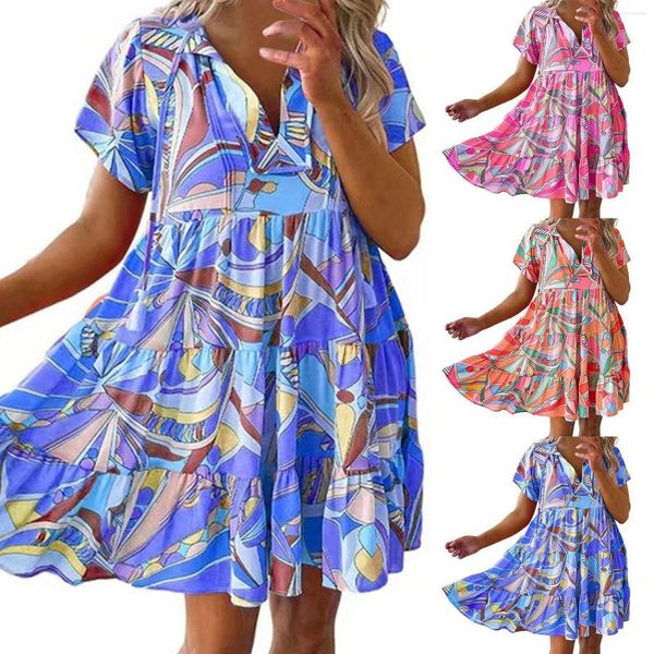 Vestidos casuais vestido feminino com estampa de folhas pulôver de verão decote em V cintura alta até o joelho