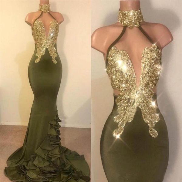 Sexy Meerjungfrau-Abschlussballkleider in Olivgrün, Neckholder, maßgeschneidertes Partykleid mit Goldapplikationen, rückenfrei, dehnbar, Satin, lange Abendkleider212E