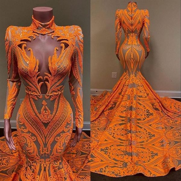 Orange Meerjungfrau-Abschlussballkleider mit langen Ärmeln, tiefem V-Ausschnitt, sexy Paillettenapplikationen, afrikanisches schwarzes Mädchen-Fischschwanz-Abendkleid Plus S283m