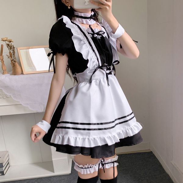 Anime Französische Dienstmädchen-Schürze, Lolita-Kostüm, Cosplay-Kostüm, pelzige Katzenohr-Handschuhe, Socken
