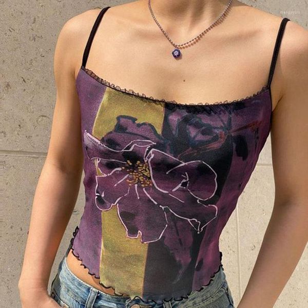 Serbatoi da donna Fashion Summer Slim Sexy Contrast Colour Flowers Print Girls Crop Top Skinny Camis Strap Tank