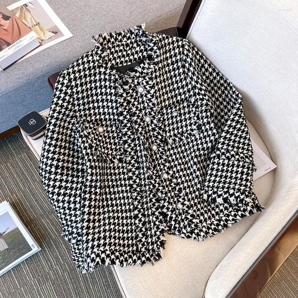 Kadın Ceketleri Kadın Zarif Vintage Tweed Houndstooth Jacke Uzun Kollu Tek Kısa Kış Kış Jacquar