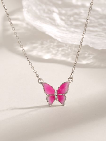 2023 Fashion New Art S925 Sterling Silver Drop Gel intarsiato con zircone rosa farfalla collana per collana di lusso versatile da donna