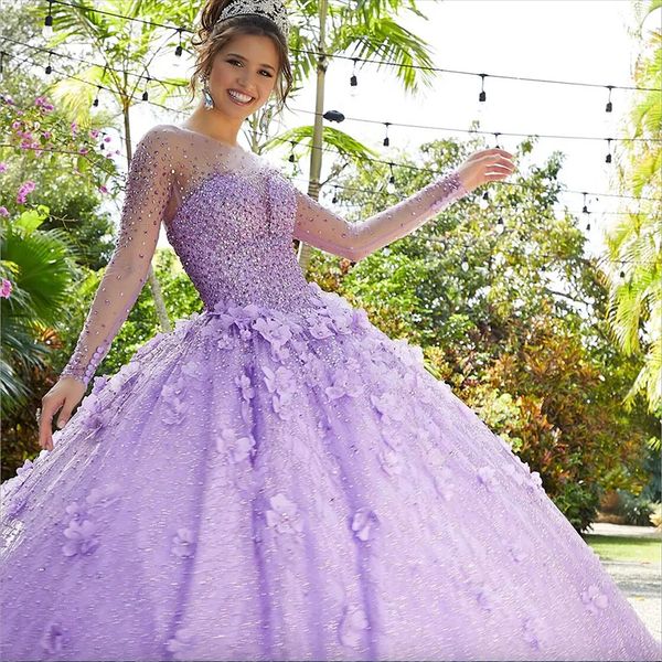 Блестящие платья Lilac Quinceanera 2023 с длинным рукавом кружевные 3D цветы блестки бусины с розовым принчиком Princess Party Sweet 15 Ball Hown Платье vestidos de 16 Anos Brithday