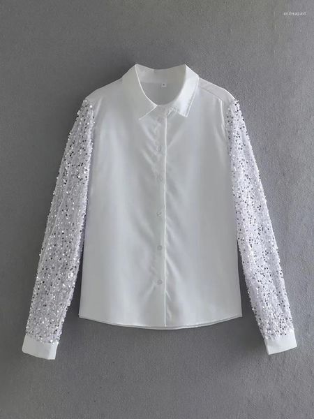 Camicette da donna 2023 Camicie bianche a maniche lunghe con paillettes lucide moda donna Camicie estive casual con colletto rovesciato Camicetta dritta monopetto