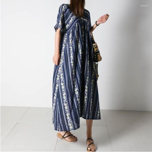 Lässige Kleider Vintage Frühling/Sommer Literarisches koreanisches großes bedrucktes Kleid Nationaler Stil Lose Batik Maxi