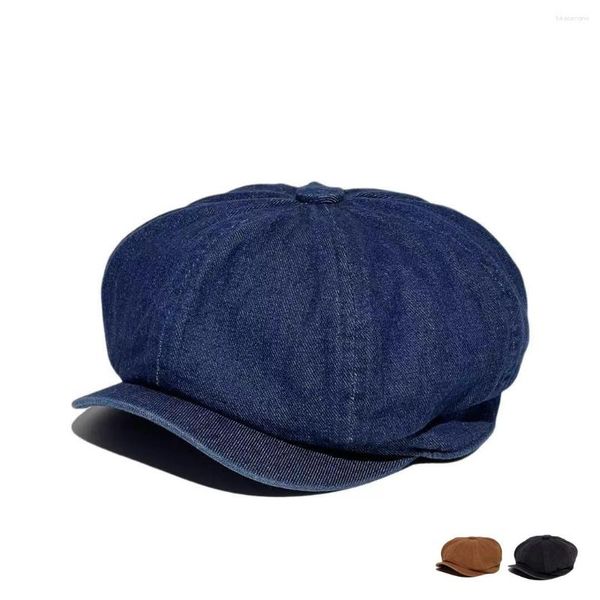 Berets 2023 Britischer Retro-gewaschener alter Denim-achteckiger Hut koreanischer beiläufiger Maler-Spaper-Beret-Boina-Mütze-Navy-Blau-Barett