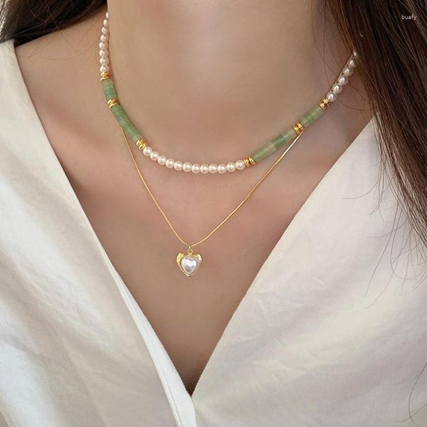 Anhänger Halsketten China Stil Perle Perlen Nähen Herz Halskette Für Frauen Zwei Schicht Charme Einfache Schlüsselbein Schlüsselbein Hals Schmuck