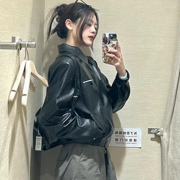 Jaquetas femininas Streetwear Jaqueta Bomber Casaco de couro PU Y2k American Retro Motorcycle 2023 Spring Silhouette Simples