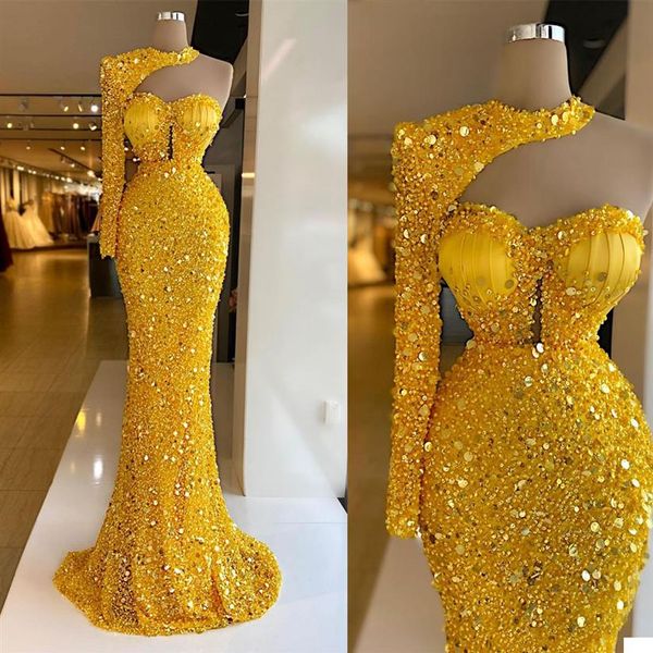 Vestidos de noite luxuosos, amarelo brilhante, lantejoulas, miçangas, mangas compridas, vestido de baile, vestidos de festa formais, feito sob medida, vestido de trem, 3091