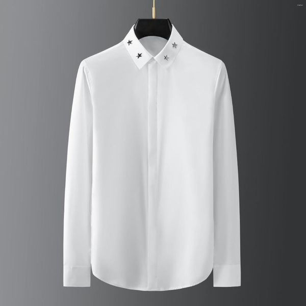 Erkekler Sıradan Gömlek Pentagram Perçin Dekorasyonlu Gömlek Erkekler için Uzun Kollu İnce İş Elbise Sosyal Partisi Smokin Giyim 2023