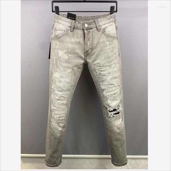 Jeans masculino Casual Trendy MotoBiker High Street Calças de tecido jeans Fashion Hole Spray Paint 9832#