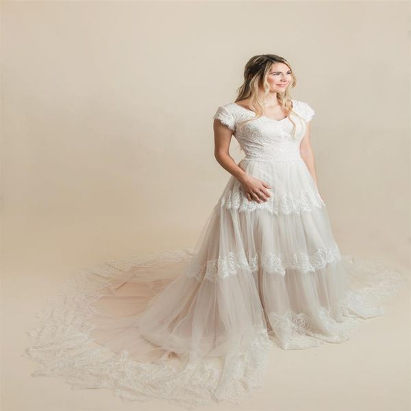 Винтажные шампанские кружевные свадебные платья скромные с рукавами V-шейки v Back A-Line Country Westry Artic Bridal Mode262I