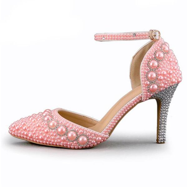 Sandálias de verão femininas dedo do pé pontiagudo pérola strass sapatos de festa de casamento lindos sapatos de noiva com tiras no tornozelo branco vermelho e rosa258h