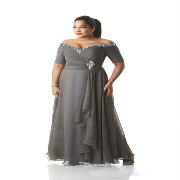 Vestidos cinza para mãe da noiva plus size fora do ombro baratos chiffon vestidos de festa longos vestidos mãe noivo usar2282