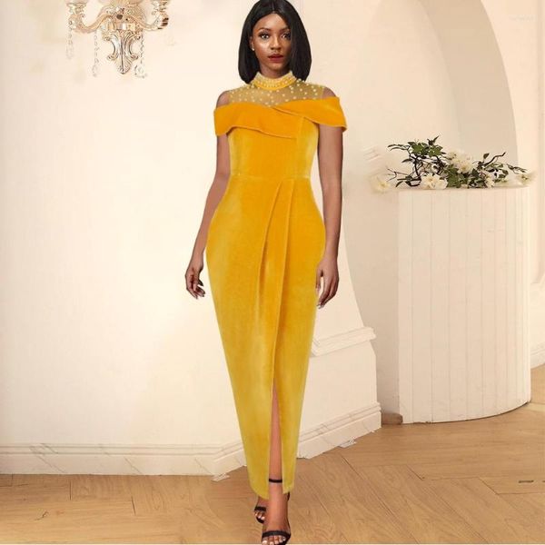 Abiti da festa Abito giallo Maglia Patchwork Velluto Mezza collo alto Perline Fessura Sottile aderente da sera da donna Elegante lungo