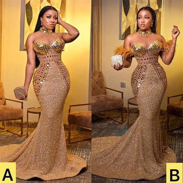 2021 plus size árabe aso ebi ouro luxuoso sereia vestidos de baile cristais frisados penas festa formal noite segunda recepção go298o