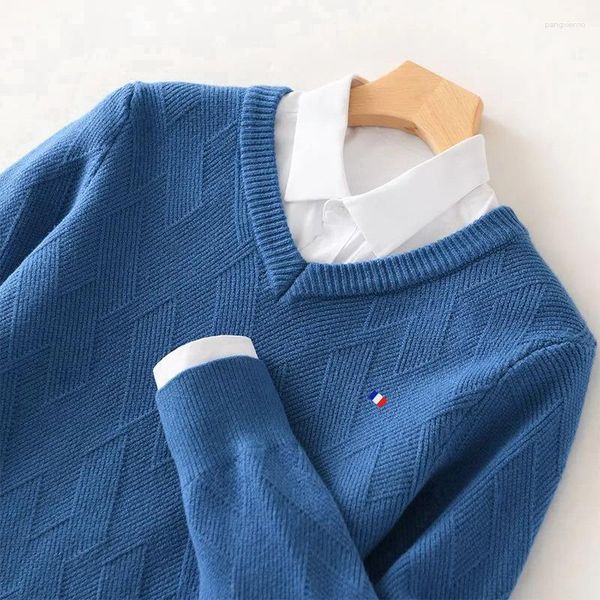 Maglioni da uomo Autunno Inverno Cashmere Maglione con scollo a V Bandiera Logo Tinta unita Tappetino Tessitura Sottostrato lavorato a maglia spesso allentato