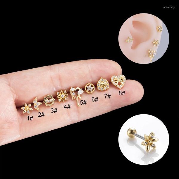 Orecchini a bottone Micro intarsio Zircone Fiore Cuore Osso dell'orecchio in acciaio inossidabile per donne Ragazze Delicati gioielli per piercing alla cartilagine Regali