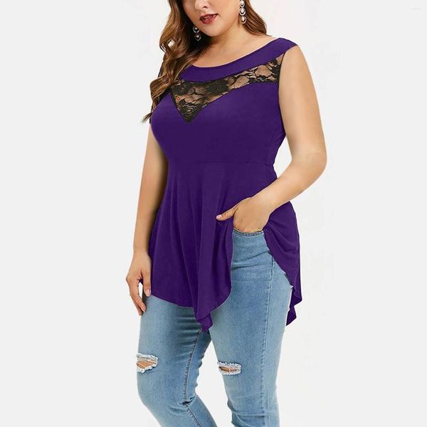 Camicette da donna Camicia in pizzo floreale tinta unita Top Saldi 2023 Camicie da donna taglie forti O-Collo Camicetta senza maniche asimmetrica Top casual sottile