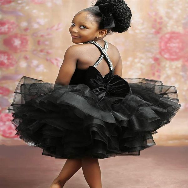 Seksi Spagetti Siyah Kızlar Pageant Elbiseleri Kristaller Tiers Küçük Çocuk Resmi Giyim Vintage Cemaat Pageant Elbiseleri Ellikler212i