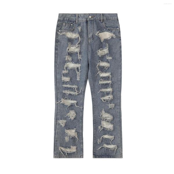 Мужские джинсы Оригинальная синяя порванная микро -расщепленная мужчина разрушенные плиссированные джинсы Бэгги Y2K High Street Hole вымыта для женщин
