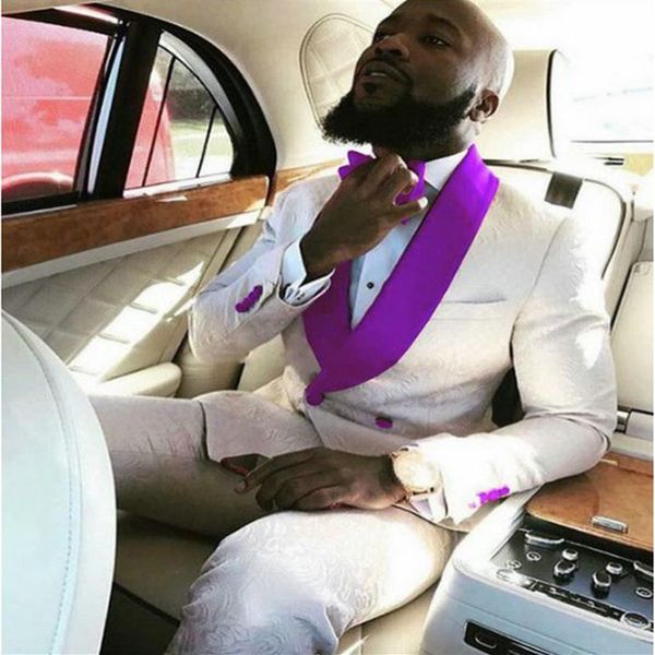 2020 Ivory Jacquard Men Suits Double Breaded Purple Shaw