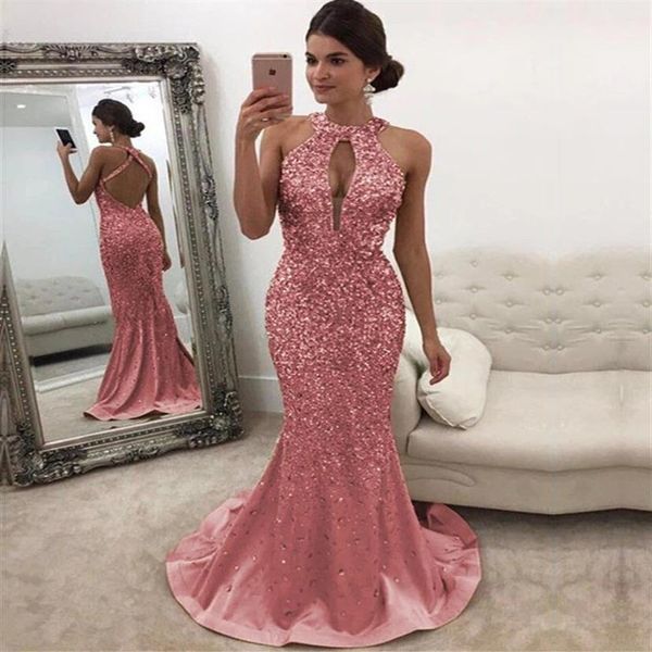 2021 Neue rosa Abendkleider Juwel Hals Paillettenspitze Langes rückenfreies Meerjungfrau Prom Kleid Sweep Zug Custom Illusion Roben de Soire219i