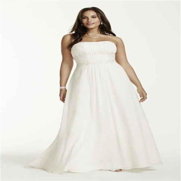 Vestidos de casamento de praia plus size 2019 novo corte de cauda feito sob encomenda sem mangas sem alças pregas cintura império elegante chiffon nupcial G2843