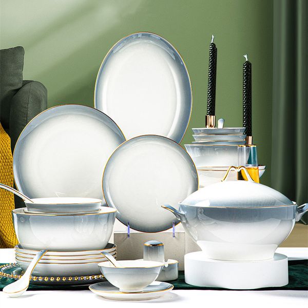 Conjunto de jantar de cerâmica de cor de gradiente 60pcs Luxo fino China China Gold Gold Grey Porcelain Dinnerware Conjuntos