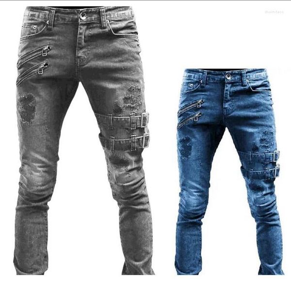 Jeans da uomo Gothic Zipper Strap Hole Streetwear Straight Moto Biker Skinny Pantaloni casual in denim da uomo