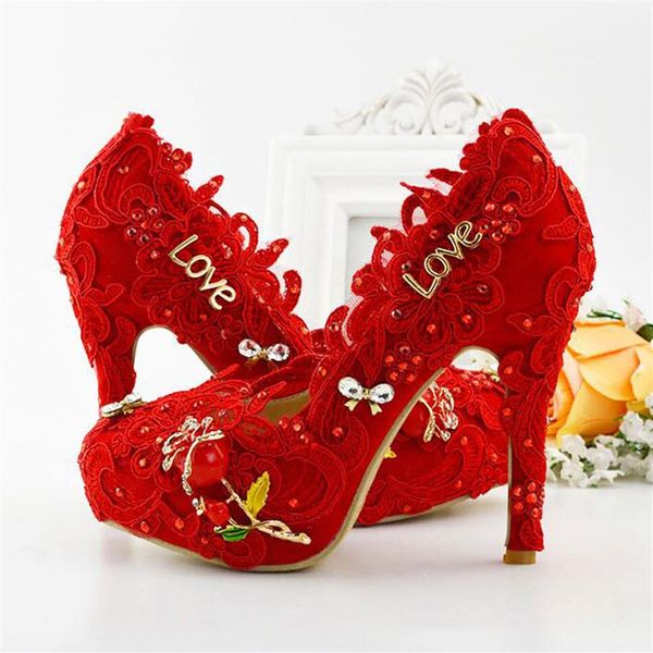 Son güzel kırmızı dantel gelin elbise ayakkabıları kadın pompalar moda el yapımı nedime yüksek topuk yetişkin töreni parti ayakkabıları2964