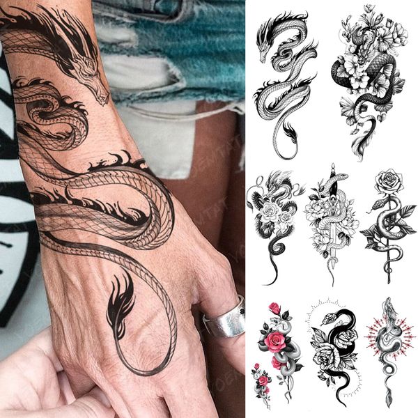 Adesivo de tatuagem temporária à prova d'água dragão preto serpente totem peônia flor rosa flash tatto mulheres homens braço arte corporal tatuagens falsas