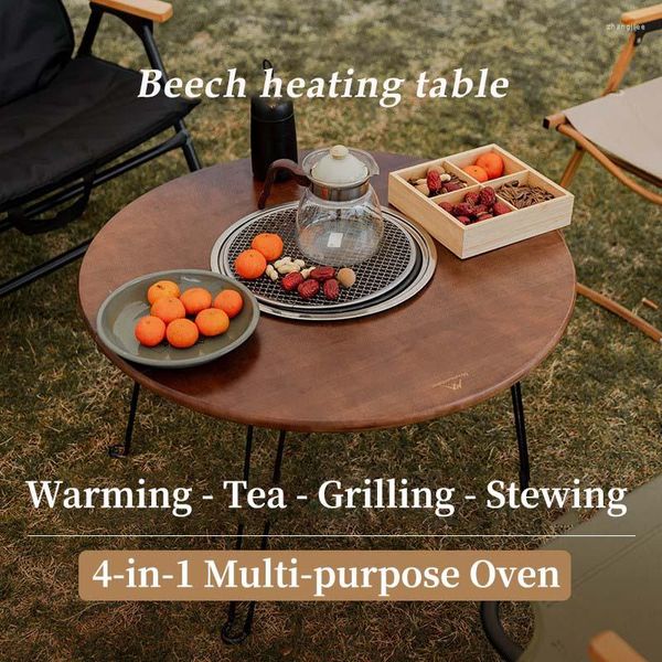 Camp-Möbel, Outdoor-Camping, 4-in-1, multifunktionaler, faltbarer Tisch aus Buchenholz, zum Braten von Tee, Grillen, Lagerfeuer, All-in-One