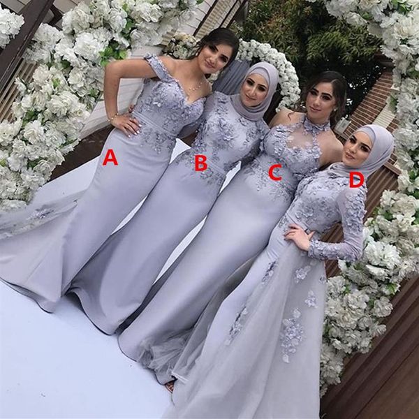 Abiti da damigella d'onore musulmana a sirena a maniche lunghe arabi con gonna staccabile Hijab Abiti da festa formale per invitati a nozze con fiori 3D238x