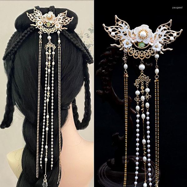 Grampos de cabelo Tassel Hairpin Tiaras Acessórios Chineses Nacional Clássico Coroa Presilha Fada Floral Pérola Jóias Retro