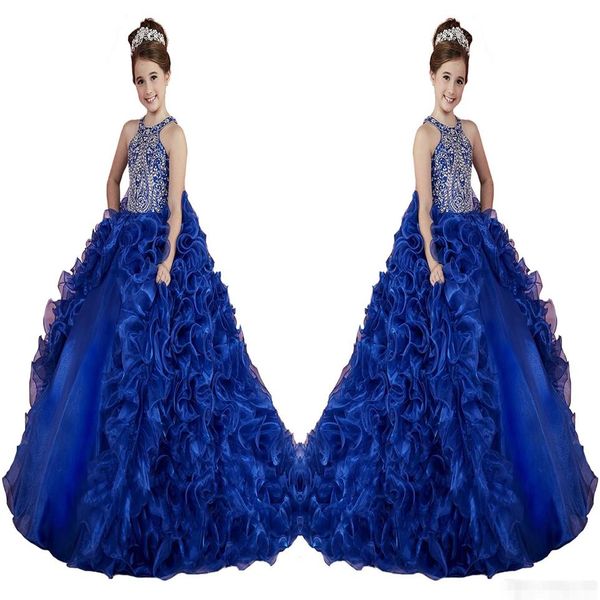 Vestidos de desfile de menina azul real luxuosos com babados contas de cristal princesa vestidos de baile festa infantil para casamento florista 195p