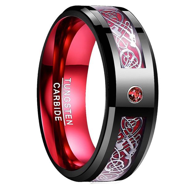 Anéis de design de moda 8 mm vermelho para homens com borda de aço inoxidável Anel de dragão celta para homens e mulheres Anel de casamento para homens
