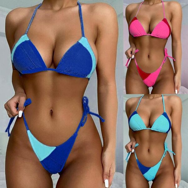 Damenbadebekleidung Frauen Farbe Patchwork Lace Up Bikini Set Mode Sommer Zweiteiler Sexy Spleißen Badeanzug