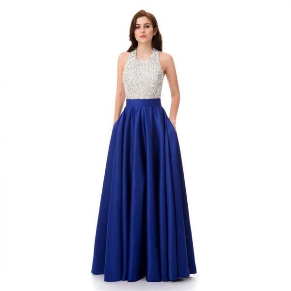 Königsblaues Satin-Abschlussballkleid für Damen, lang, mit Perlen, Taschenhalter, bodenlang, Reißverschluss, formelle Abendparty-Kleider 2019220i