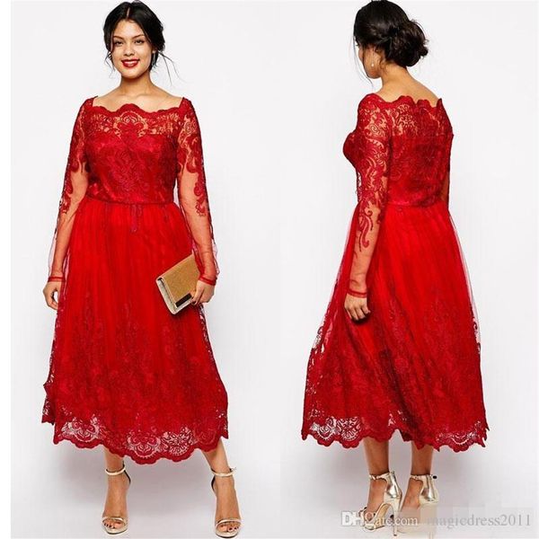 Novos deslumbrantes vestidos de noite vermelhos plus size mangas decote quadrado rendas apliques linha A vestidos de formatura tule comprimento chá vestido formal3245