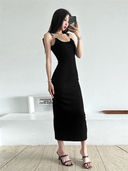 Lässige Kleider 2023 Sommerparty Schwarz Geheimnisvoll Y2K Sexy Elegant Reife Schöne Selbstbewusste Einfache Damen Gerade Langes Kleid