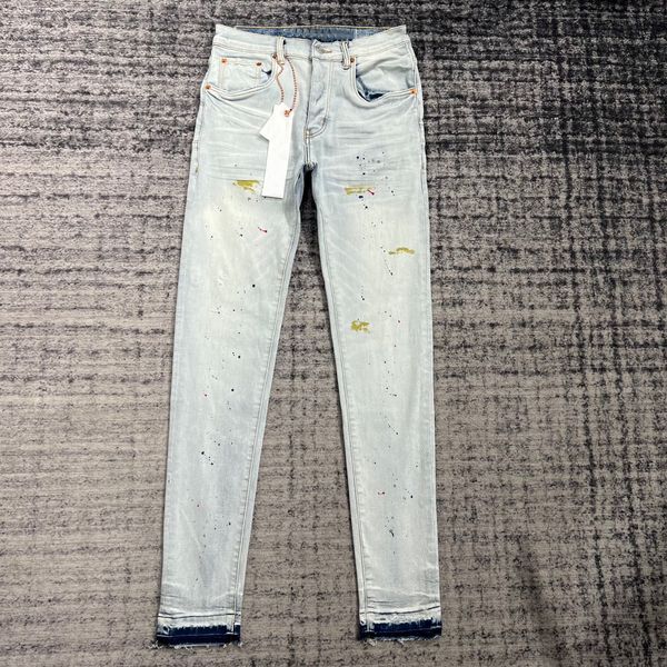 Jeans masculino azul claro lavado com tinta spray efeito respingo calça fina masculina 230721