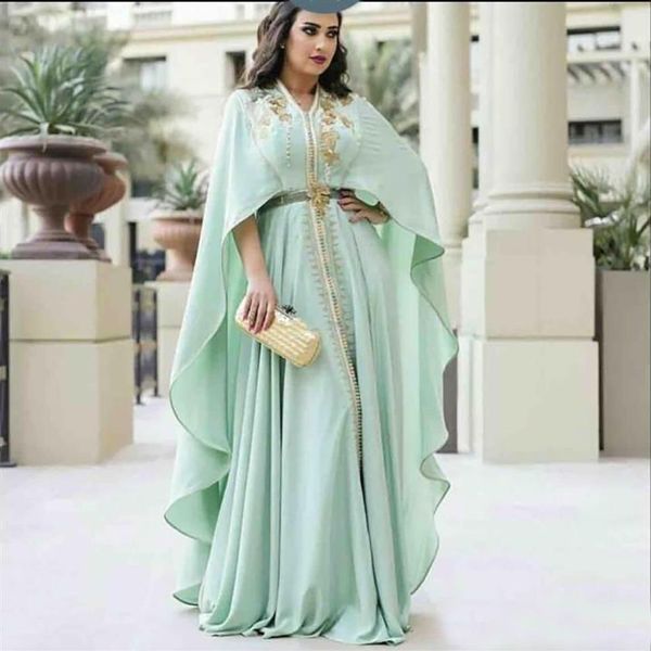 Abiti da sera formali verde menta con maniche lunghe Dettaglio ricamo oro di lusso Caftano Caftano Arabo Abaya Occasione Abito da ballo258K